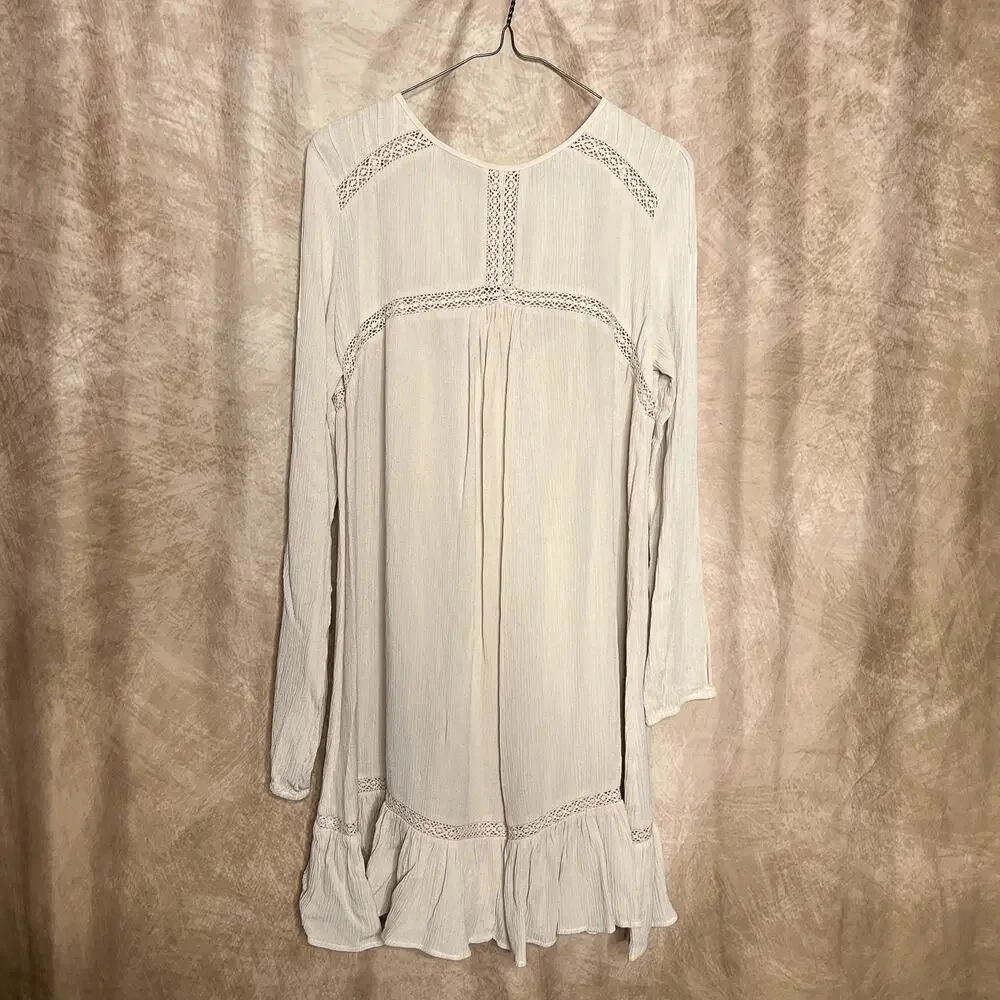 Free People Sweet Treat Mini Shirt Dress Crinkle Long Sleeve Tunic Cream Peasant